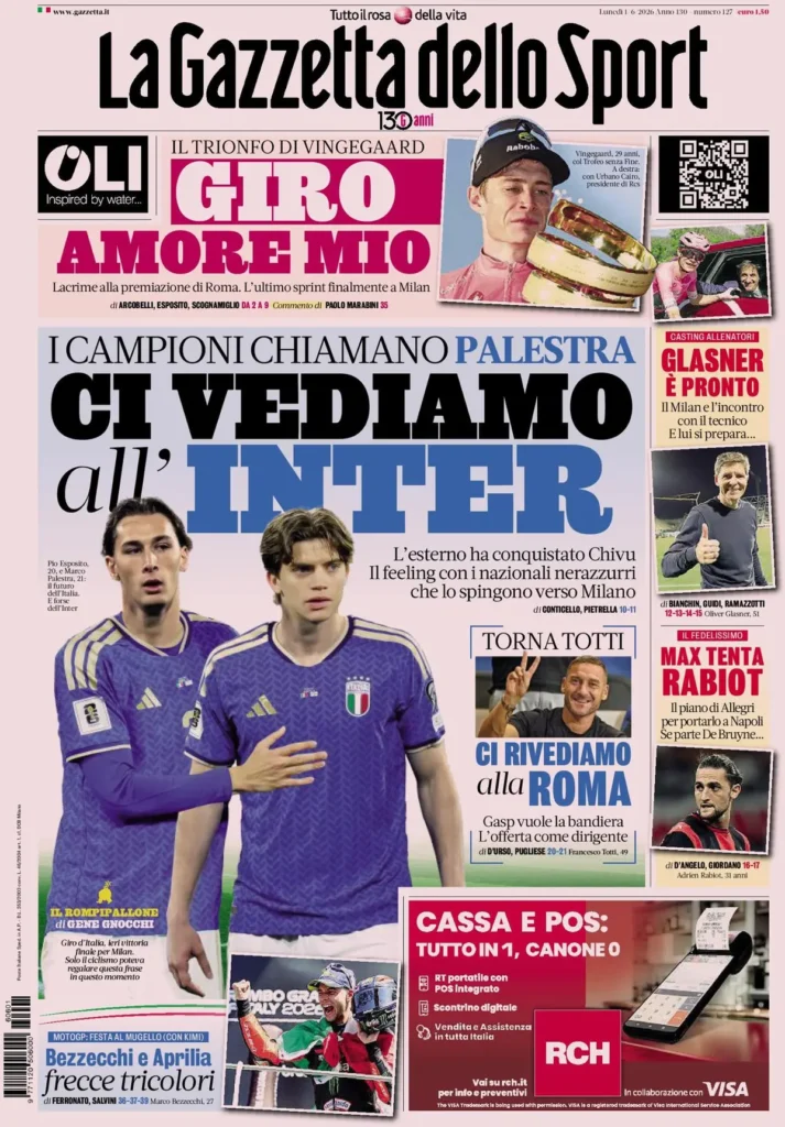 Rassegna stampa Lazio: prime pagine quotidiani sportivi - 1° giugno 2026 24 la gazzetta dello sport 033303pfheoov