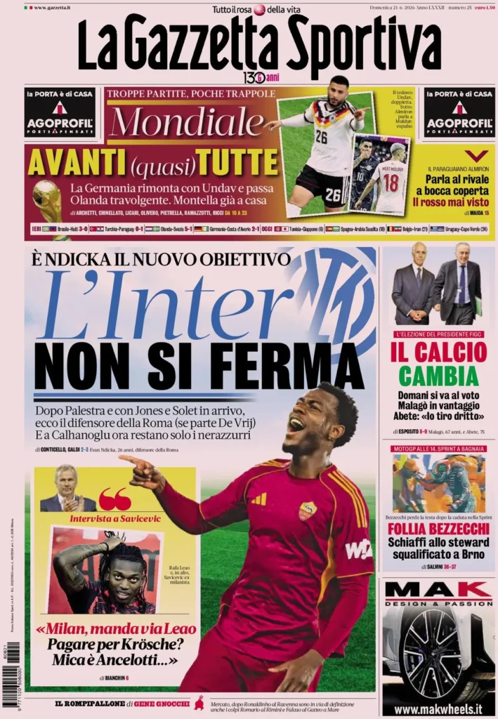 Rassegna stampa Lazio: prime pagine quotidiani sportivi - 21 giugno 2026 24 la gazzetta dello sport 033303tceaqyt