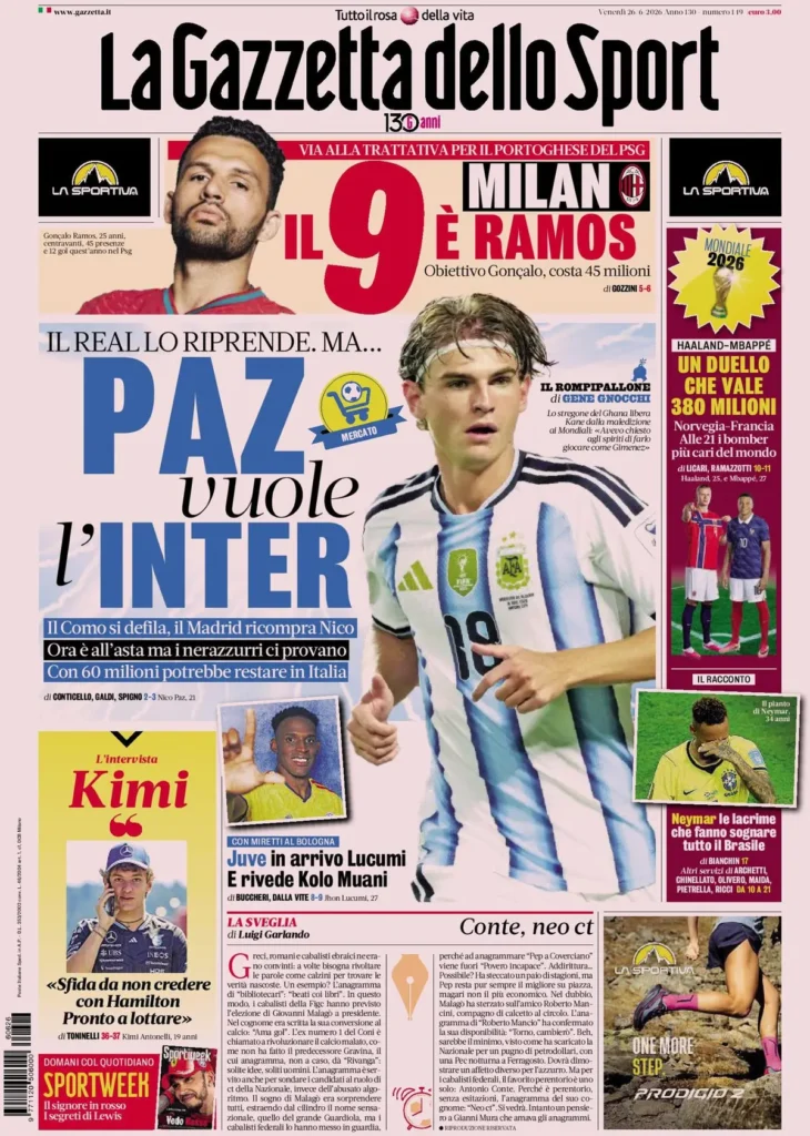 Le prime pagine dei principali quotidiani sportivi – 26 giugno 22 la gazzetta dello sport 033303xyobxyq