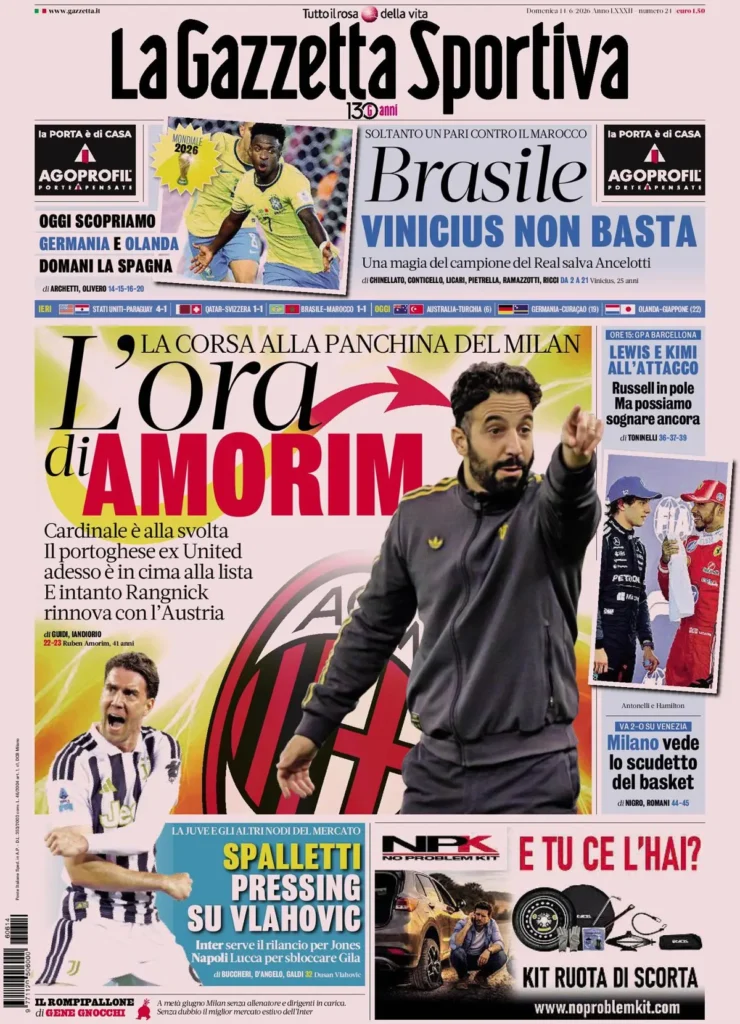 Rassegna stampa Lazio: prime pagine quotidiani sportivi - 14 giugno 2026 24 la gazzetta dello sport 033426l65c8kf