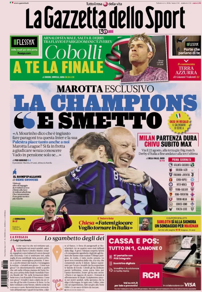 Le prime pagine dei principali quotidiani sportivi – 6 giugno 24 la gazzetta dello sport 0338026ml2xb1