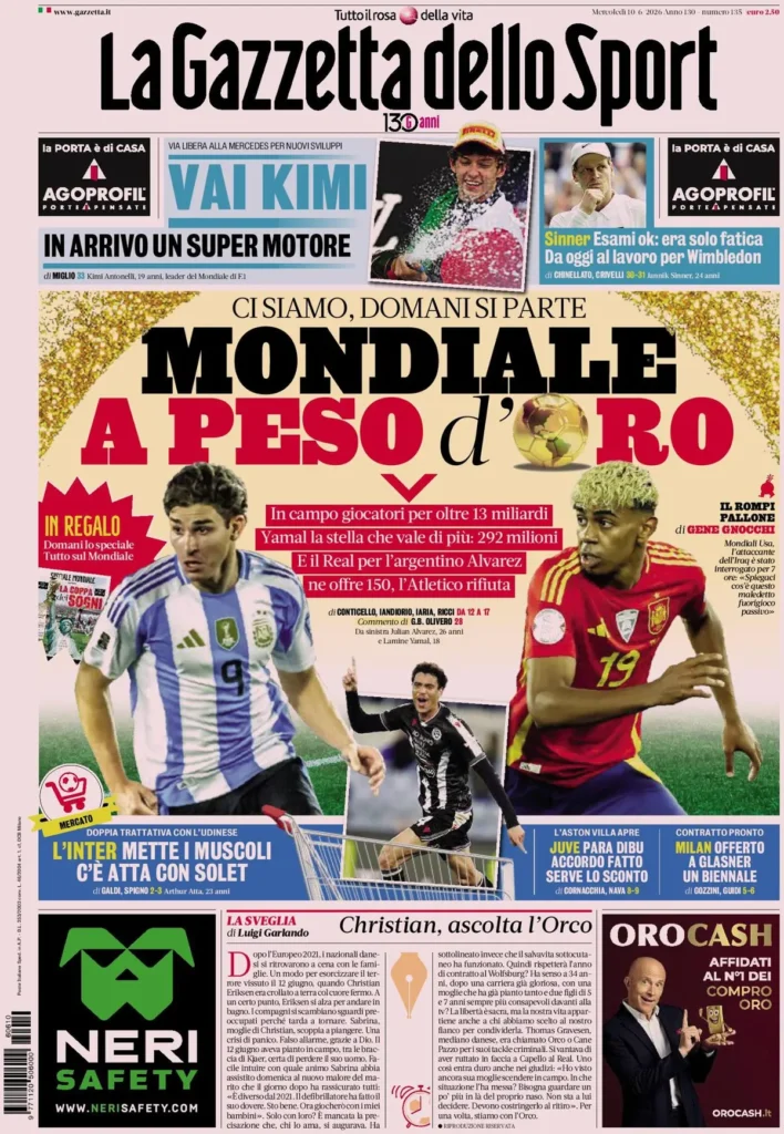 Rassegna stampa Lazio: prime pagine quotidiani sportivi - 10 giugno 2026 24 la gazzetta dello sport 033833f9j2bgc