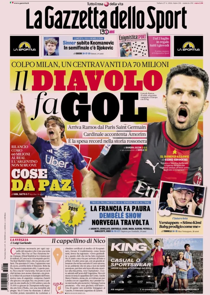 Le prime pagine dei principali quotidiani sportivi – 27 giugno 24 la gazzetta dello sport 0339225xx2xxd