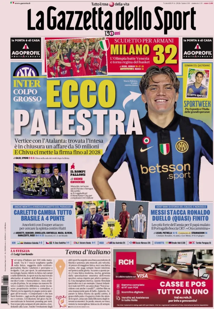 Le prime pagine dei principali quotidiani sportivi – 19 giugno 24 la gazzetta dello sport 0339300vt2hro