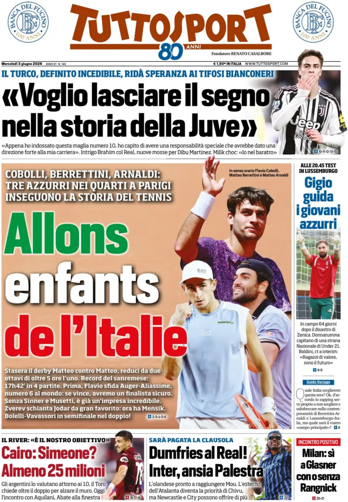 Le prime pagine dei principali quotidiani sportivi – 3 giugno 22 tuttosport 020449h057esm