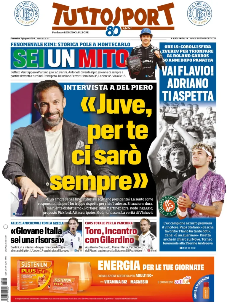 Rassegna stampa Lazio: prime pagine quotidiani sportivi - 7 giugno 2026 22 tuttosport 0208038uz6zhl