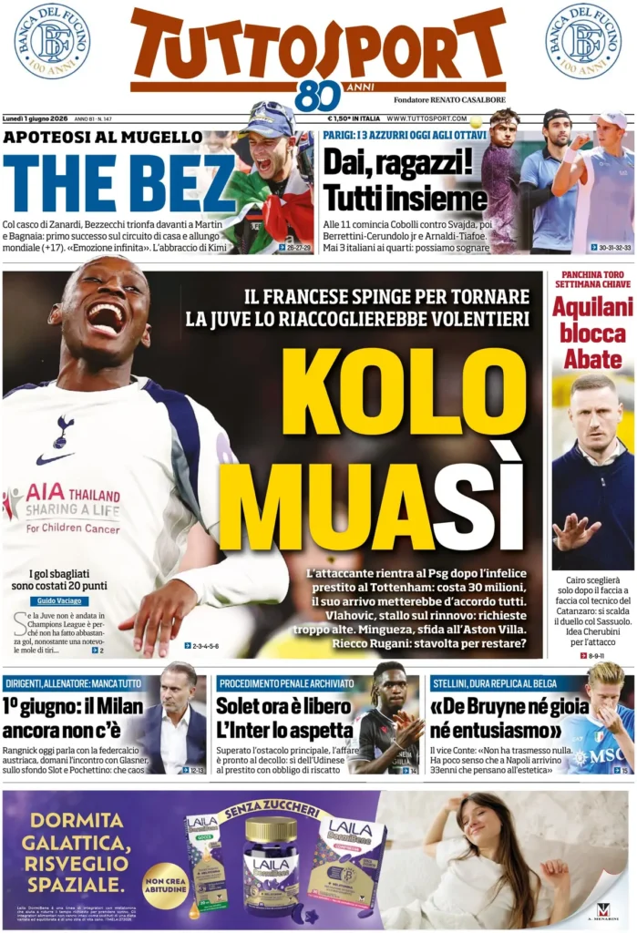 Rassegna stampa Lazio: prime pagine quotidiani sportivi - 1° giugno 2026 22 tuttosport 0212575w1au3q