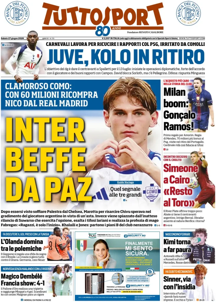 Le prime pagine dei principali quotidiani sportivi – 27 giugno 22 tuttosport 02514516e52xe