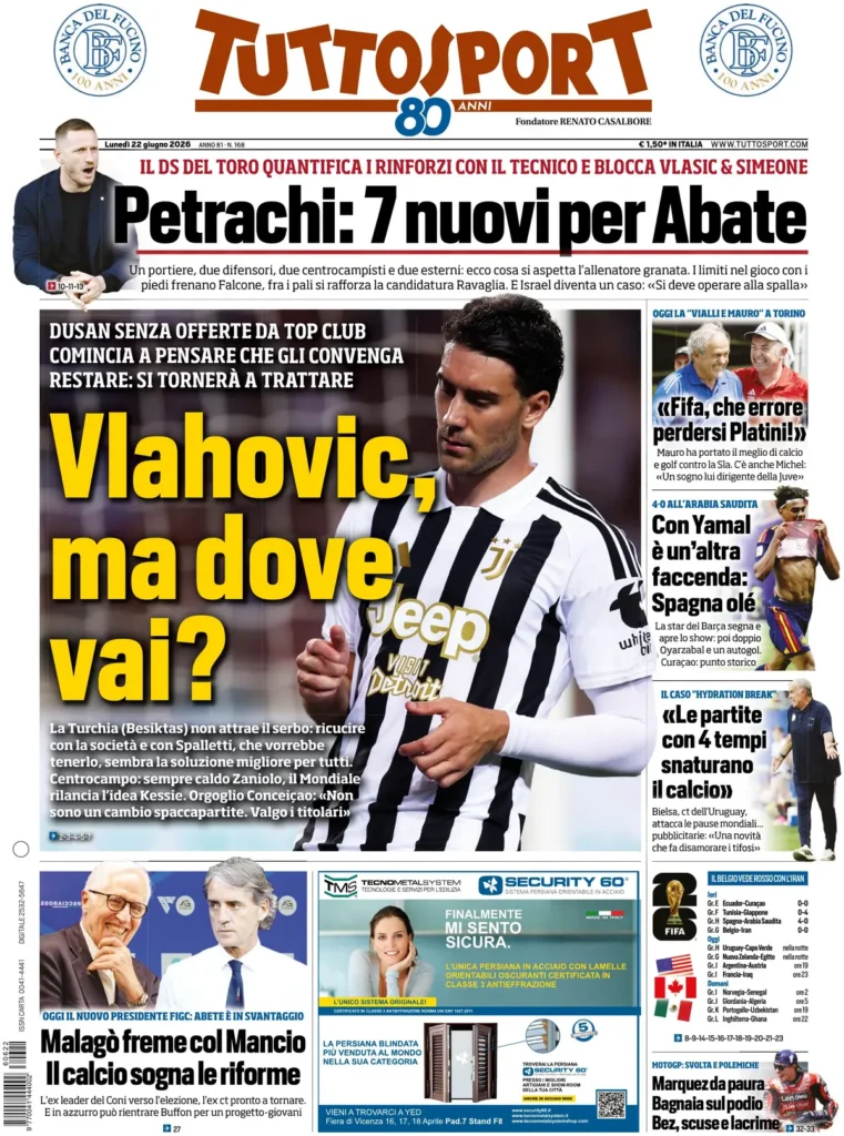 Le prime pagine dei principali quotidiani sportivi – 22 giugno 21 tuttosport 062443apnaojf