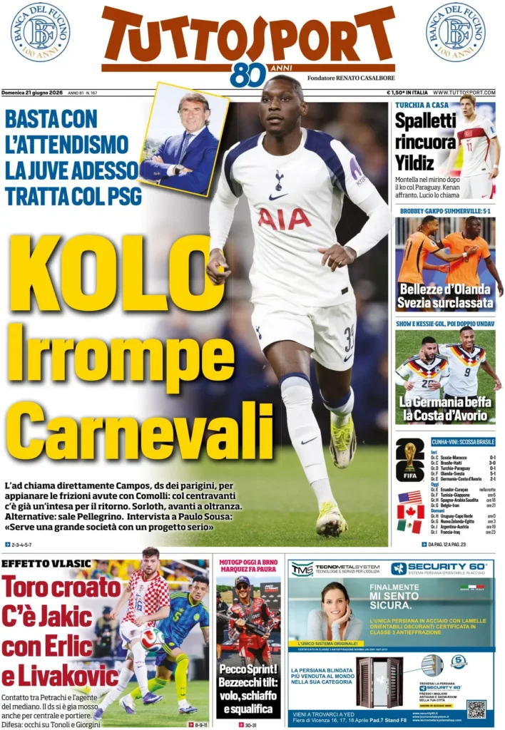Rassegna stampa Lazio: prime pagine quotidiani sportivi - 21 giugno 2026 22 tuttosport 0633324ge8ufl