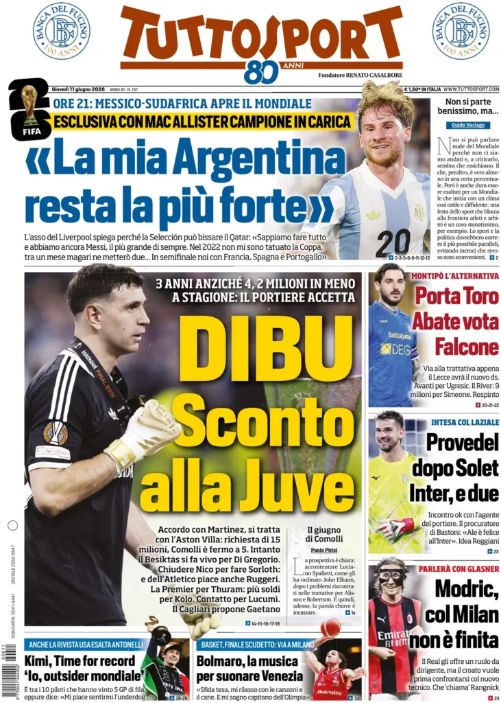 Le prime pagine dei principali quotidiani sportivi – 11 giugno 24 tuttosport 0741199re9ve4