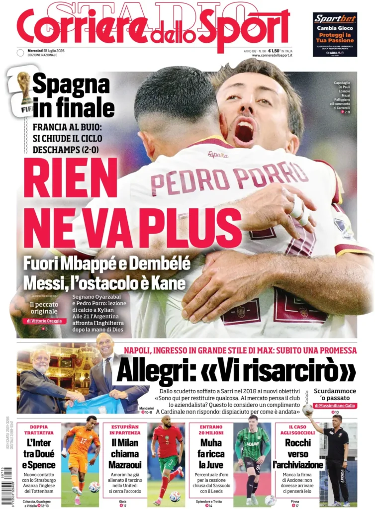 Le prime pagine dei principali quotidiani sportivi – 15 luglio 23 corriere dello sport 022104vip979k