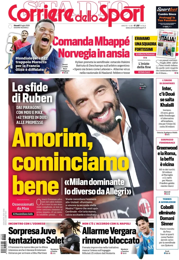 Le prime pagine dei principali quotidiani sportivi – 9 luglio 23 corriere dello sport 0225374xhbreg