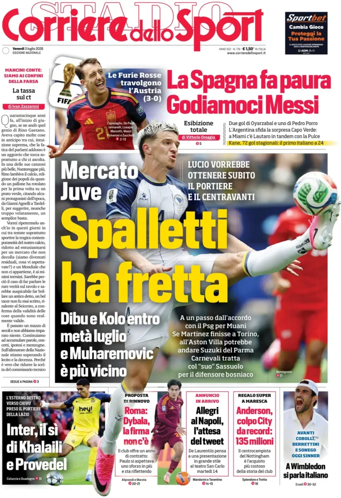 Le prime pagine dei principali quotidiani sportivi – 3 luglio 23 corriere dello sport 030437r3qb4f8