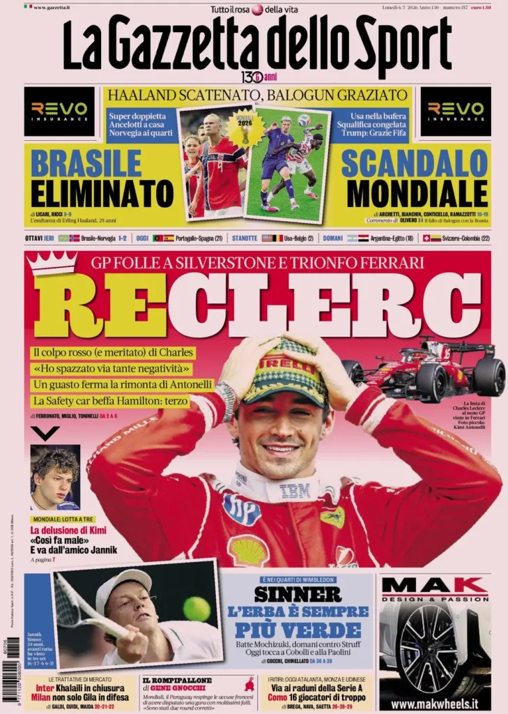 Le prime pagine dei principali quotidiani sportivi – 6 luglio 24 la gazzetta dello sport 033102jd92bdz