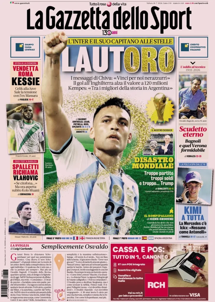 Le prime pagine dei principali quotidiani sportivi – 18 luglio 22 la gazzetta dello sport 033302vcy2801