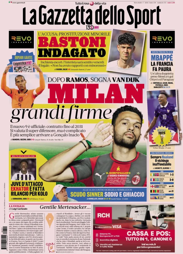 Rassegna stampa Lazio: prime pagine quotidiani sportivi - 1° luglio 2026 24 la gazzetta dello sport 033303unnbi1b