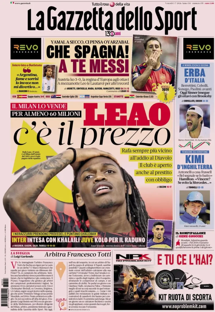 Le prime pagine dei principali quotidiani sportivi – 3 luglio 24 la gazzetta dello sport 033841cwv9lqq