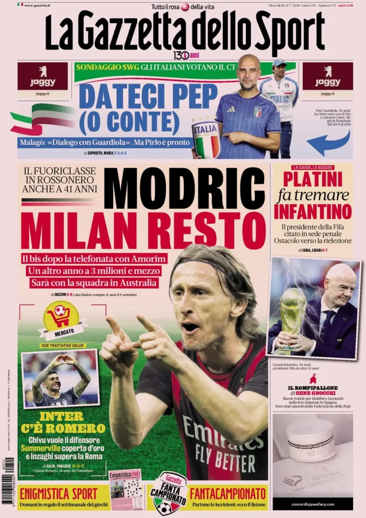 Rassegna stampa Lazio: prime pagine quotidiani sportivi - 22 luglio 2026 24 la gazzetta dello sport 033943wqr8df6