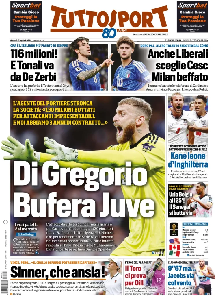 Le prime pagine dei principali quotidiani sportivi – 2 luglio 24 tuttosport 022459x10d4ls