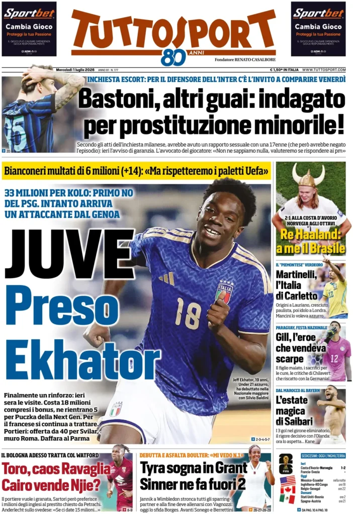 Rassegna stampa Lazio: prime pagine quotidiani sportivi - 1° luglio 2026 22 tuttosport 0225144r9b4ns