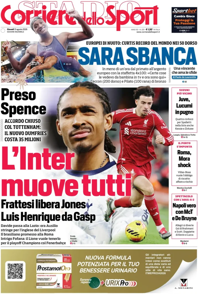Le prime pagine dei principali quotidiani sportivi – 13 agosto 24 corriere dello sport 02030646k38z6 1
