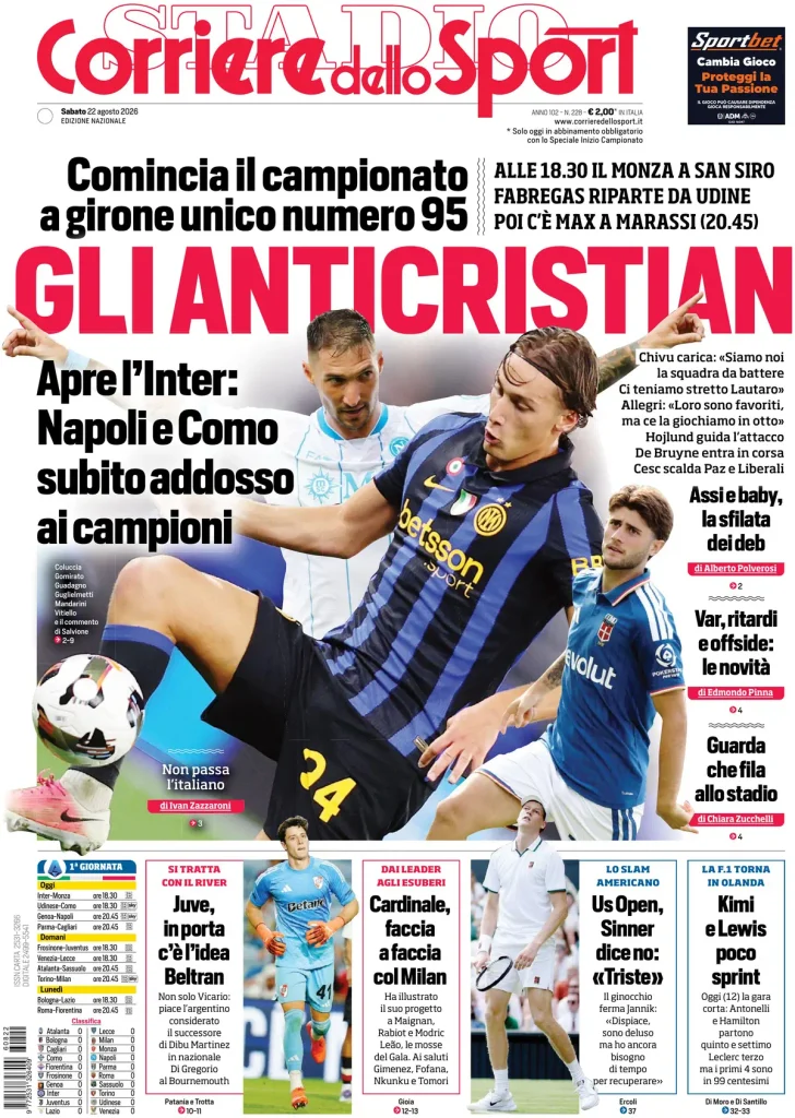 Le prime pagine dei principali quotidiani sportivi – 22 agosto 23 corriere dello sport 020308nezb2my