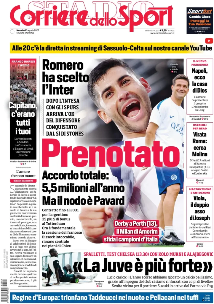 Le prime pagine dei principali quotidiani sportivi – 5 agosto 23 corriere dello sport 020308yopdxue