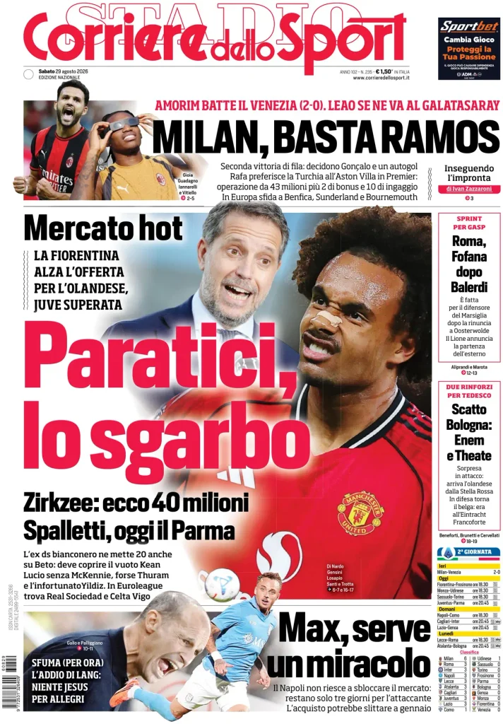 Le prime pagine dei principali quotidiani sportivi – 29 agosto 23 corriere dello sport 0203091ko5abh