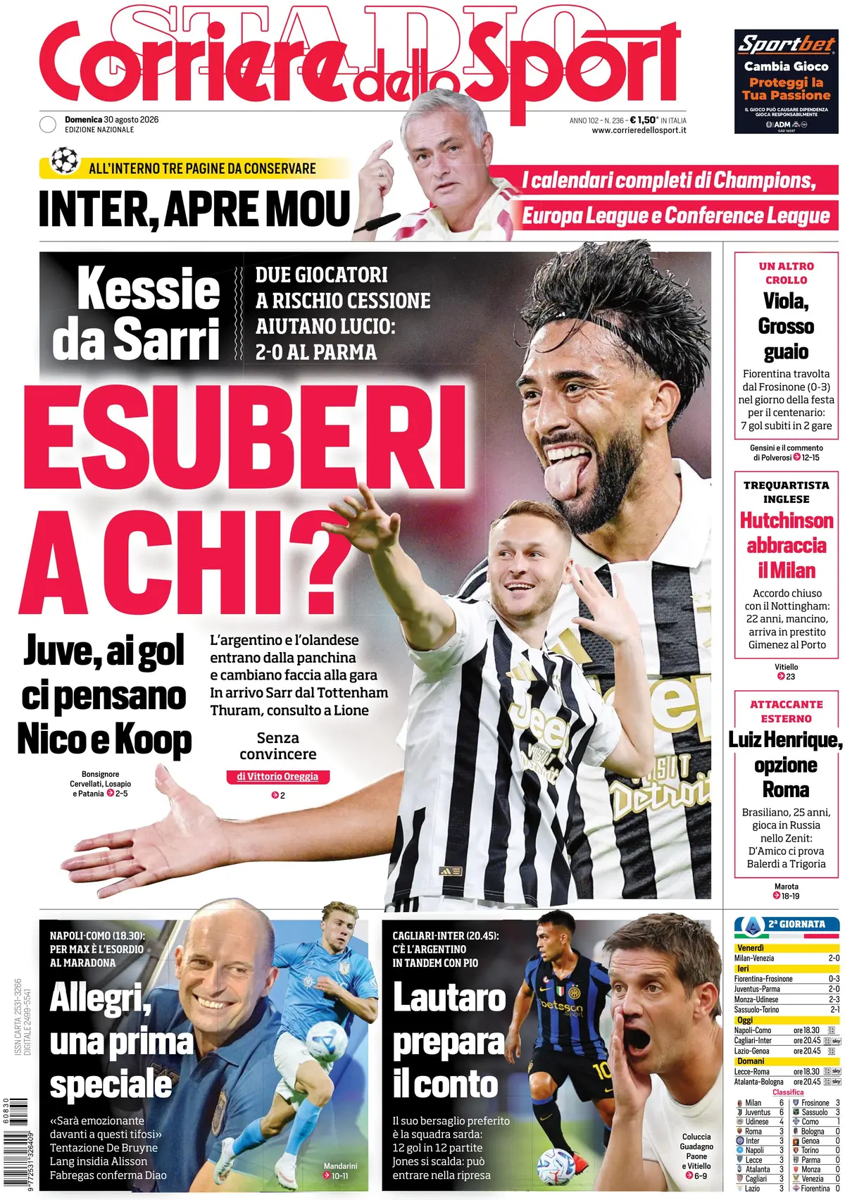 Le prime pagine dei principali quotidiani sportivi – 30 agosto 23 corriere dello sport 020341m9u6t91