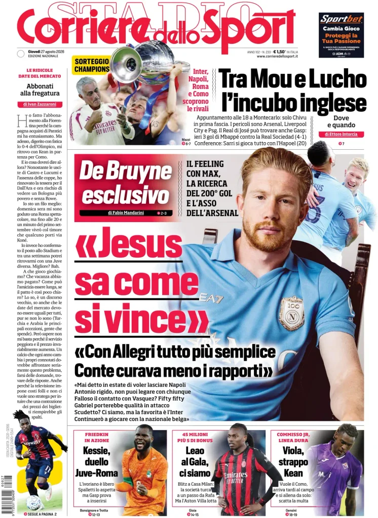 Le prime pagine dei principali quotidiani sportivi – 27 agosto 23 corriere dello sport 020744g42au2q
