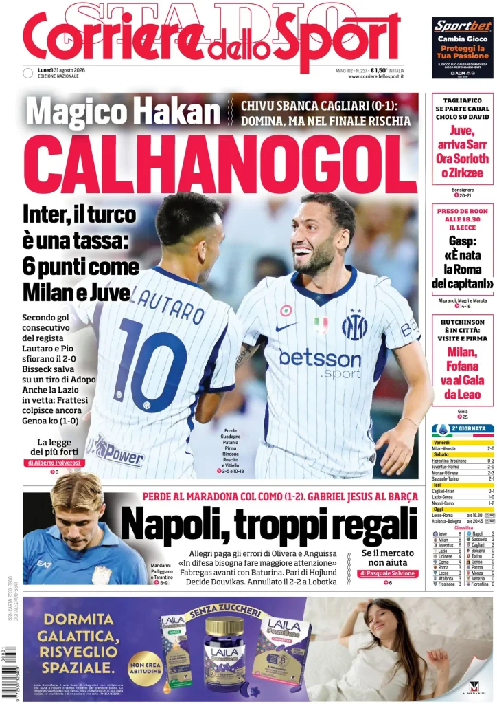 Rassegna stampa Lazio: prime pagine quotidiani sportivi - 31 agosto 2026 23 corriere dello sport 020745igh35c3