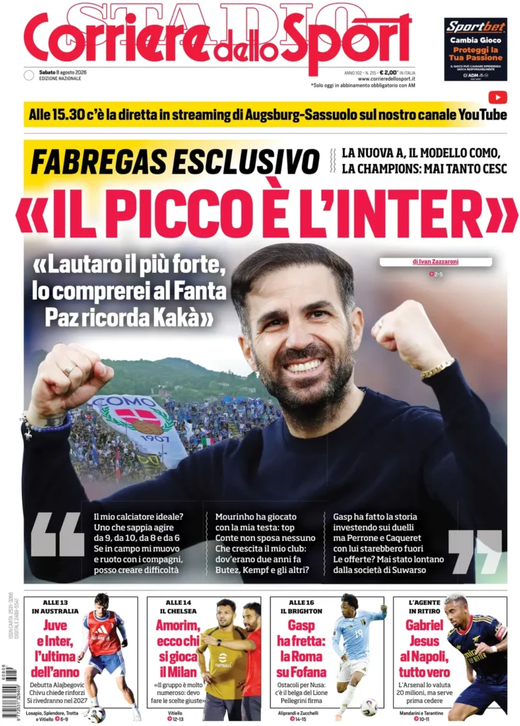 Rassegna stampa Lazio: prime pagine quotidiani sportivi - 8 agosto 2026 23 corriere dello sport 02130617p7msu