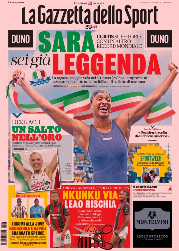 Le prime pagine dei principali quotidiani sportivi – 14 agosto 24 la gazzetta dello sport 024512nw2epgz