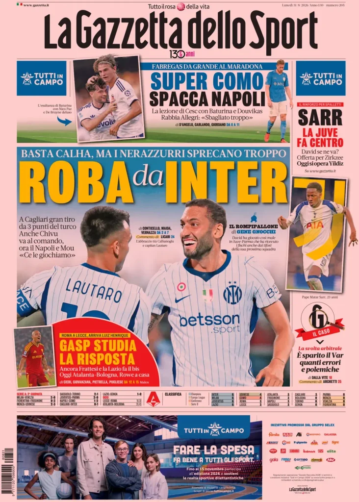 Rassegna stampa Lazio: prime pagine quotidiani sportivi - 31 agosto 2026 24 la gazzetta dello sport 030011r2ebfvo
