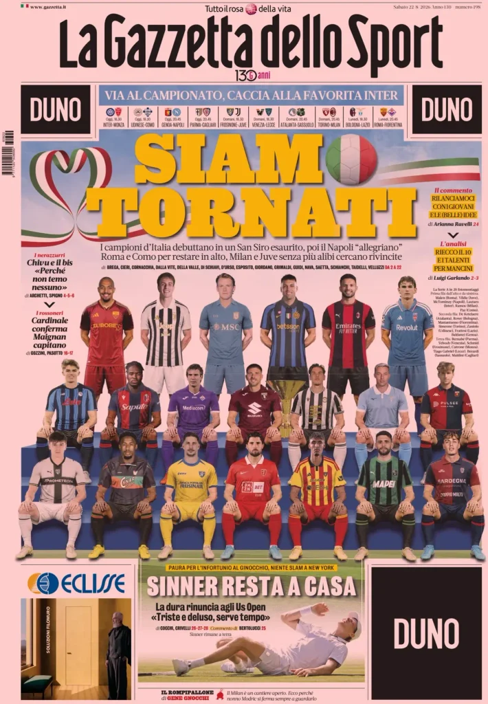 Le prime pagine dei principali quotidiani sportivi – 22 agosto 24 la gazzetta dello sport 030011sf74oo9