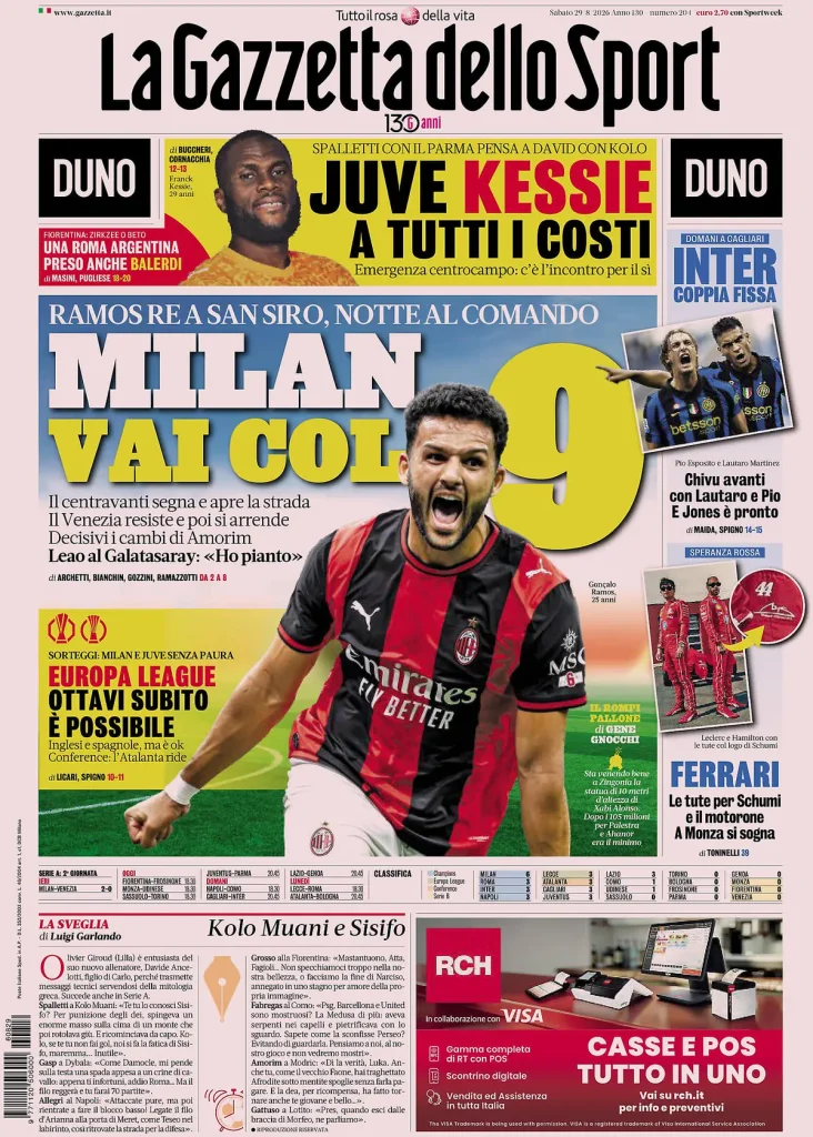 Le prime pagine dei principali quotidiani sportivi – 29 agosto 22 la gazzetta dello sport 0318027gv791e