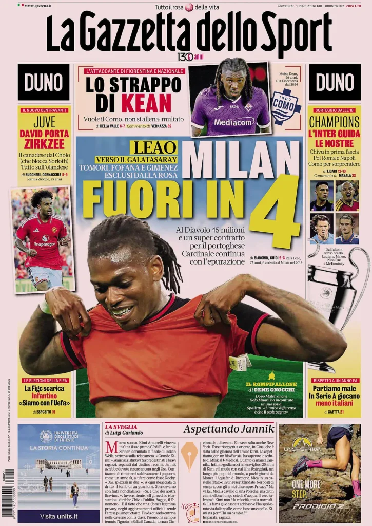 Le prime pagine dei principali quotidiani sportivi – 27 agosto 22 la gazzetta dello sport 0517213zfjib6