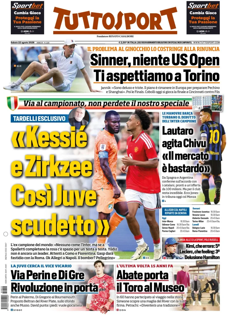 Le prime pagine dei principali quotidiani sportivi – 22 agosto 22 tuttosport 020302tt6bb1a