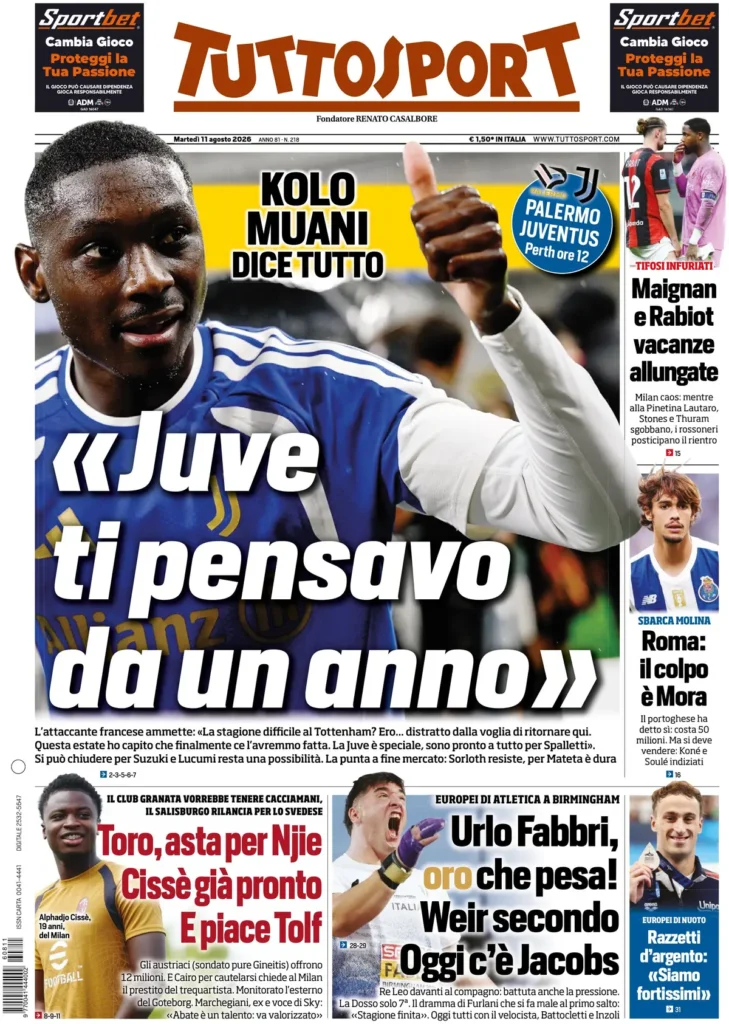 Rassegna stampa Lazio: prime pagine quotidiani sportivi - 11 agosto 2026 22 tuttosport 0203030zj70vt