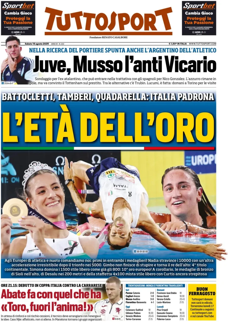 Rassegna stampa Lazio: prime pagine quotidiani sportivi - 15 agosto 2026 22 tuttosport 020606c2kc3hk