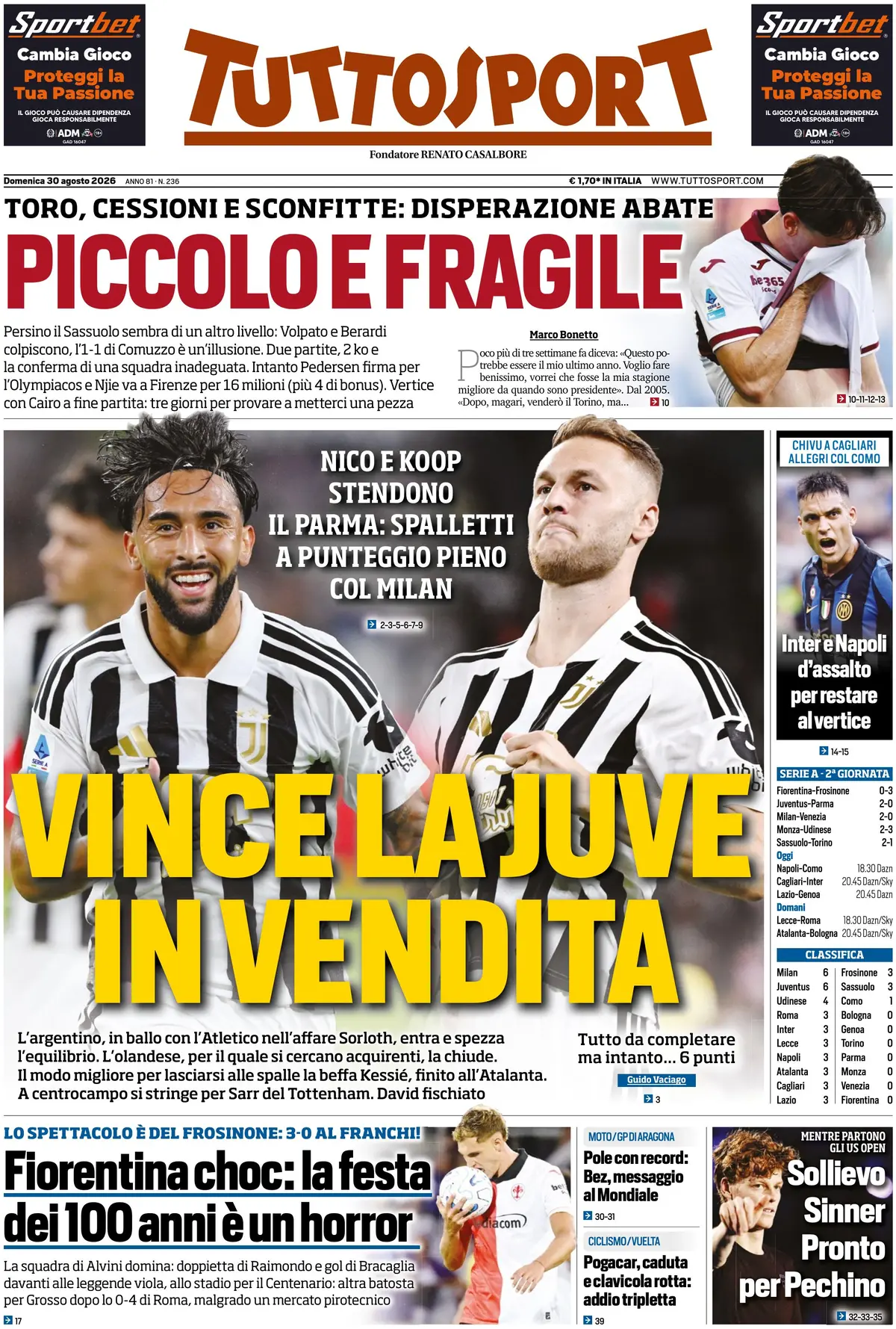 Le prime pagine dei principali quotidiani sportivi – 30 agosto 22 tuttosport 0206134c45t56