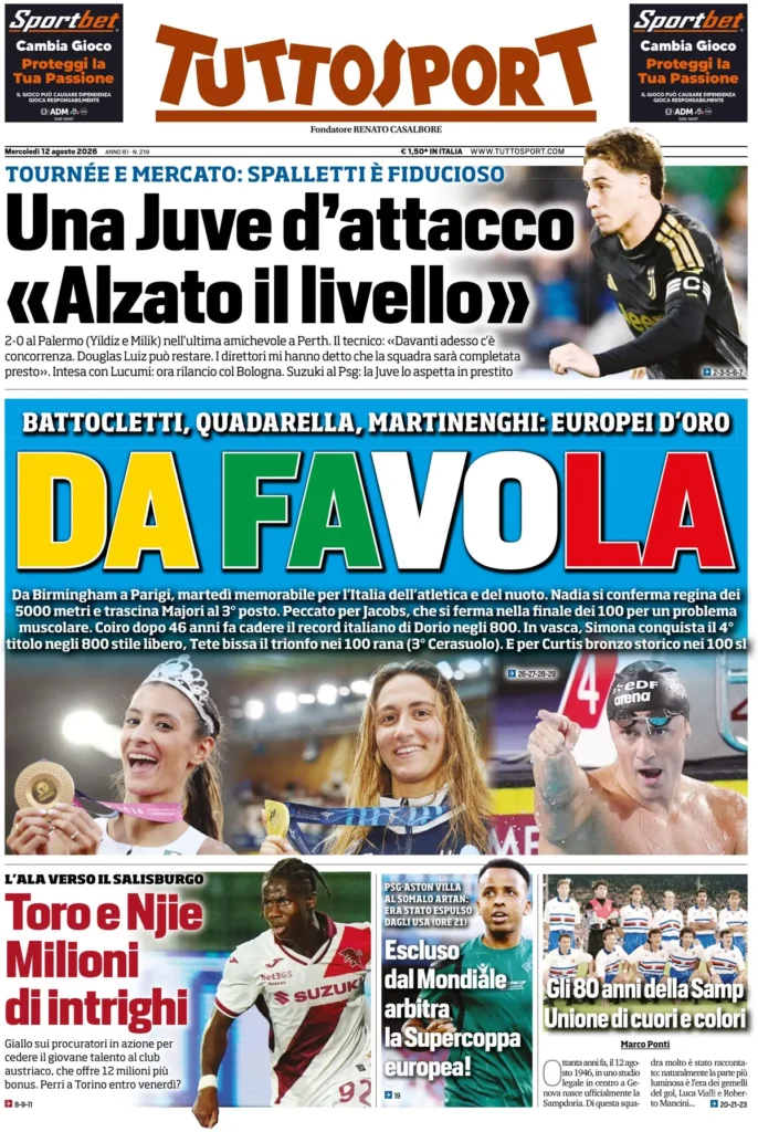 Rassegna stampa Lazio: prime pagine quotidiani sportivi - 12 agosto 2026 22 tuttosport 0208016ku387o