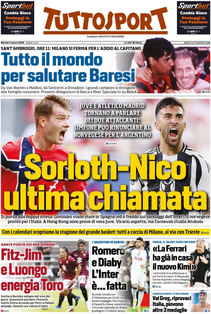 Le prime pagine dei principali quotidiani sportivi – 4 agosto 22 tuttosport 020802rw498uv