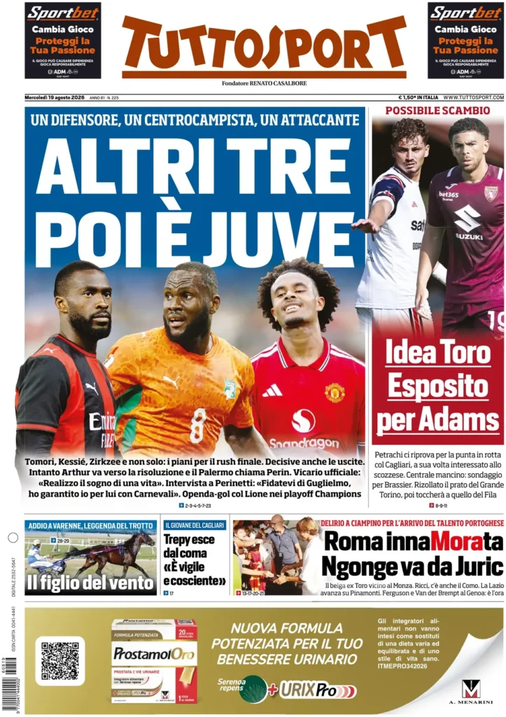 Rassegna stampa Lazio: prime pagine quotidiani sportivi - 19 agosto 2026 22 tuttosport 02081043x5e21