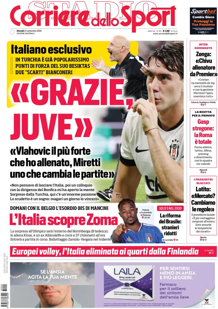 Le prime pagine dei principali quotidiani sportivi – 24 settembre 3 1