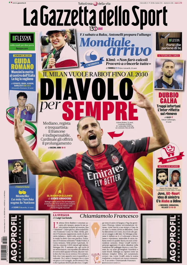 Le prime pagine dei principali quotidiani sportivi – 24 settembre 2 3