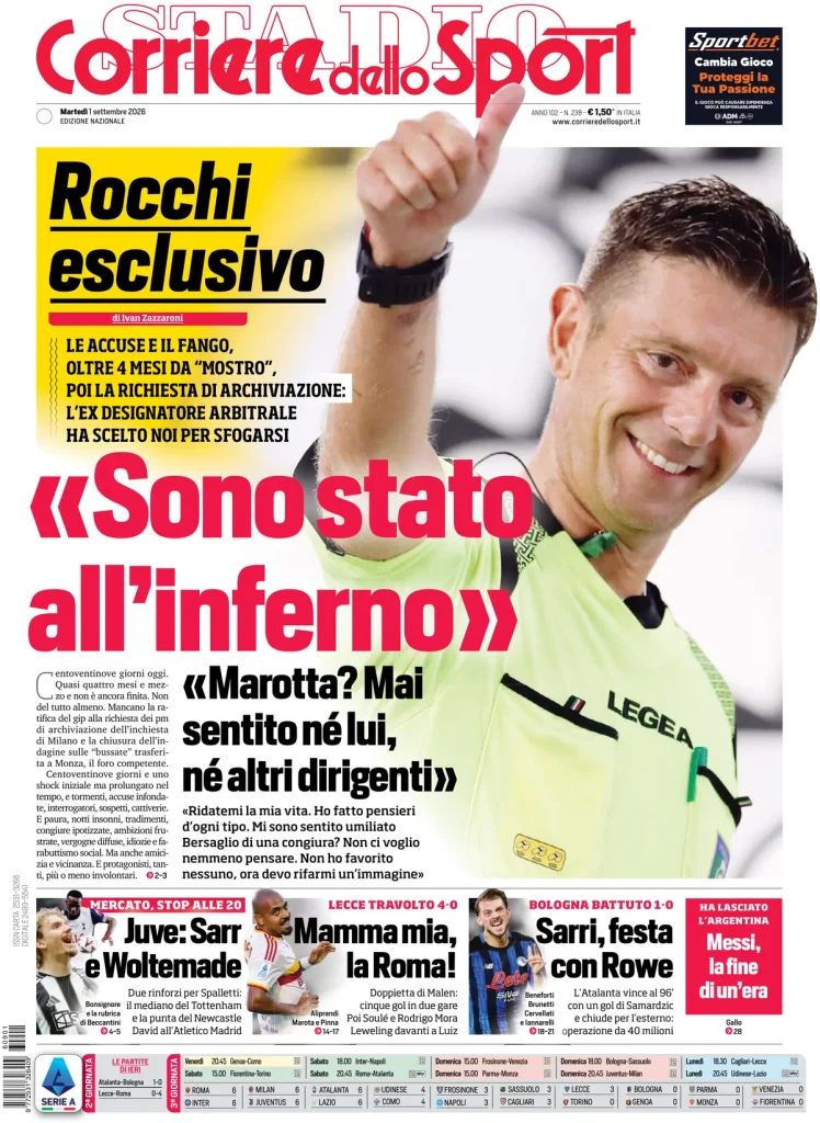 Le prime pagine dei principali quotidiani sportivi – 1 settembre 23 corriere dello sport 0203079dr3ush
