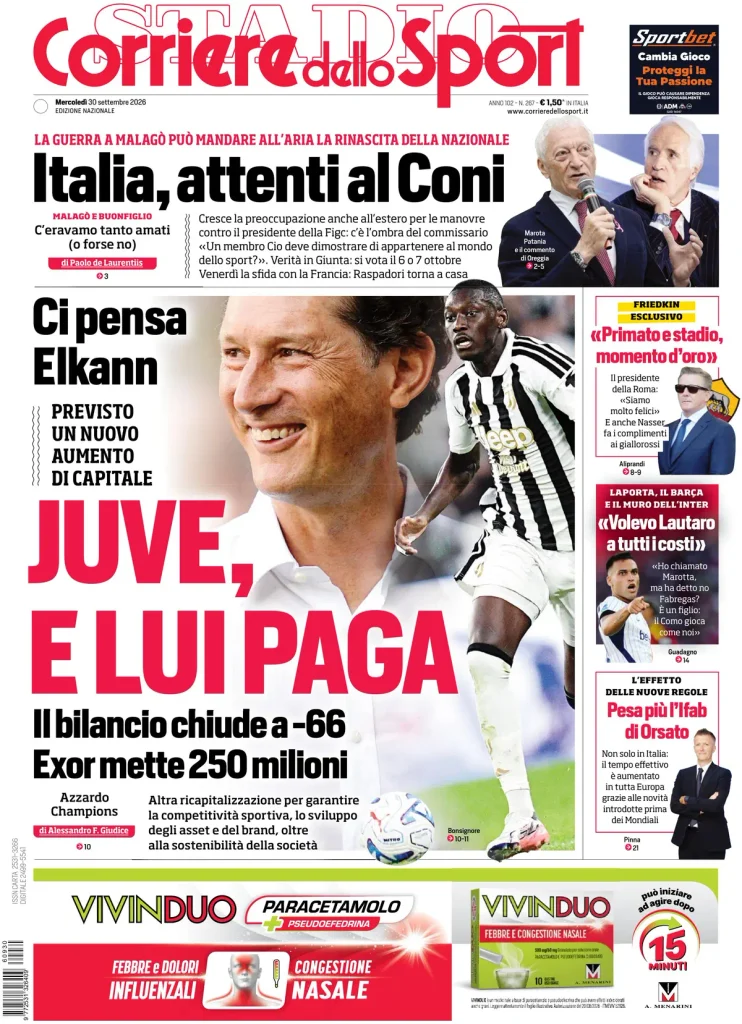 Rassegna stampa Lazio: prime pagine quotidiani sportivi - 30 settembre 2026 3 corriere dello sport 020308h0n3yjo