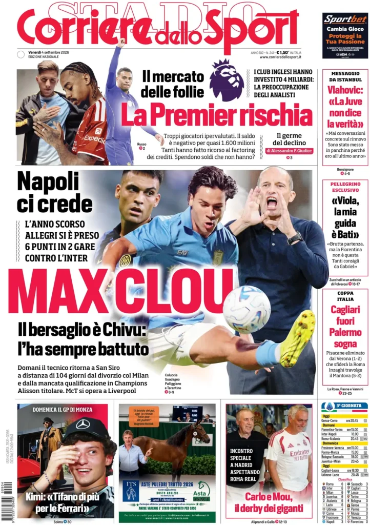 Le prime pagine dei principali quotidiani sportivi – 4 settembre 23 corriere dello sport 020309de3cst1